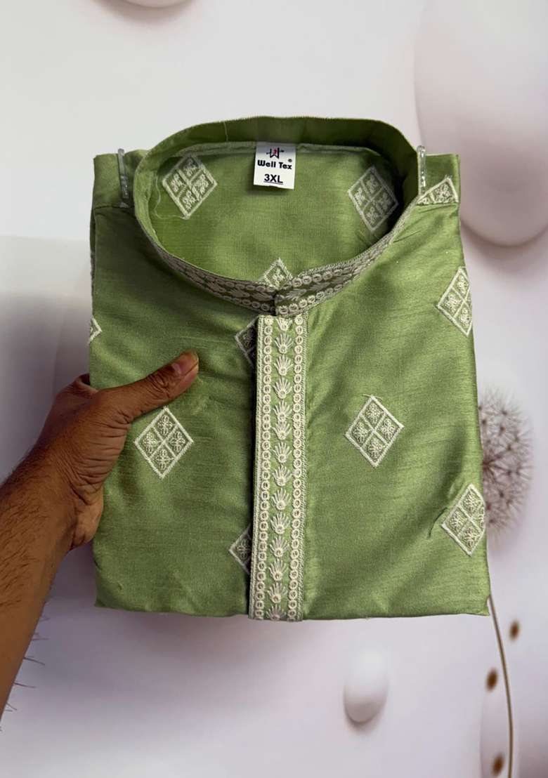 Green Embroidery Silk Kurta Set For Men - Indya