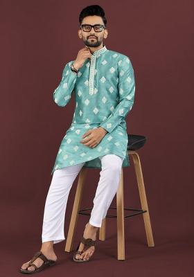 Sea Green Embroidery Silk Kurta Set For Men