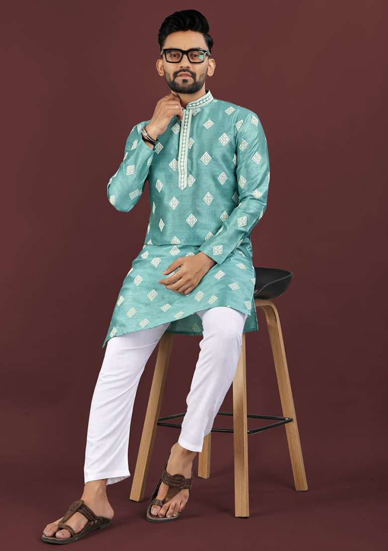 Sea Green Embroidery Silk Kurta Set For Men - Indya