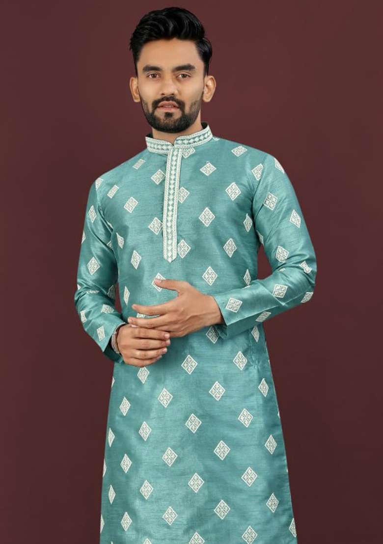 Sea Green Embroidery Silk Kurta Set For Men - Indya