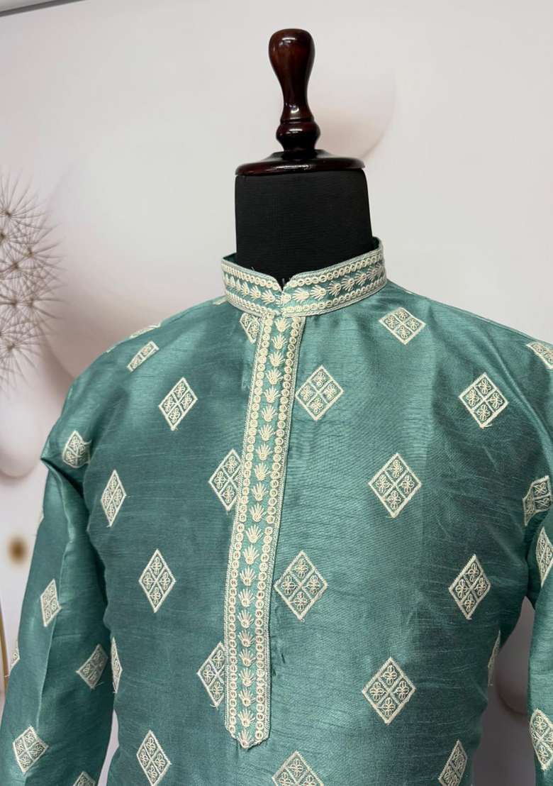 Sea Green Embroidery Silk Kurta Set For Men - Indya