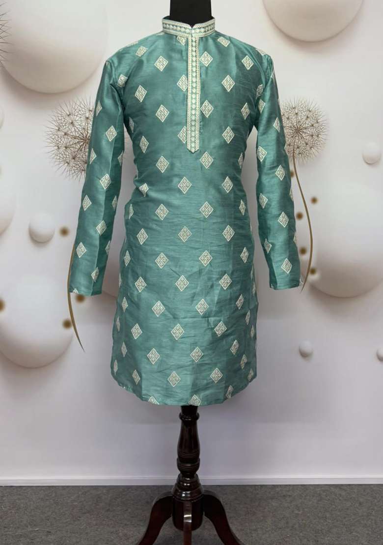 Sea Green Embroidery Silk Kurta Set For Men - Indya