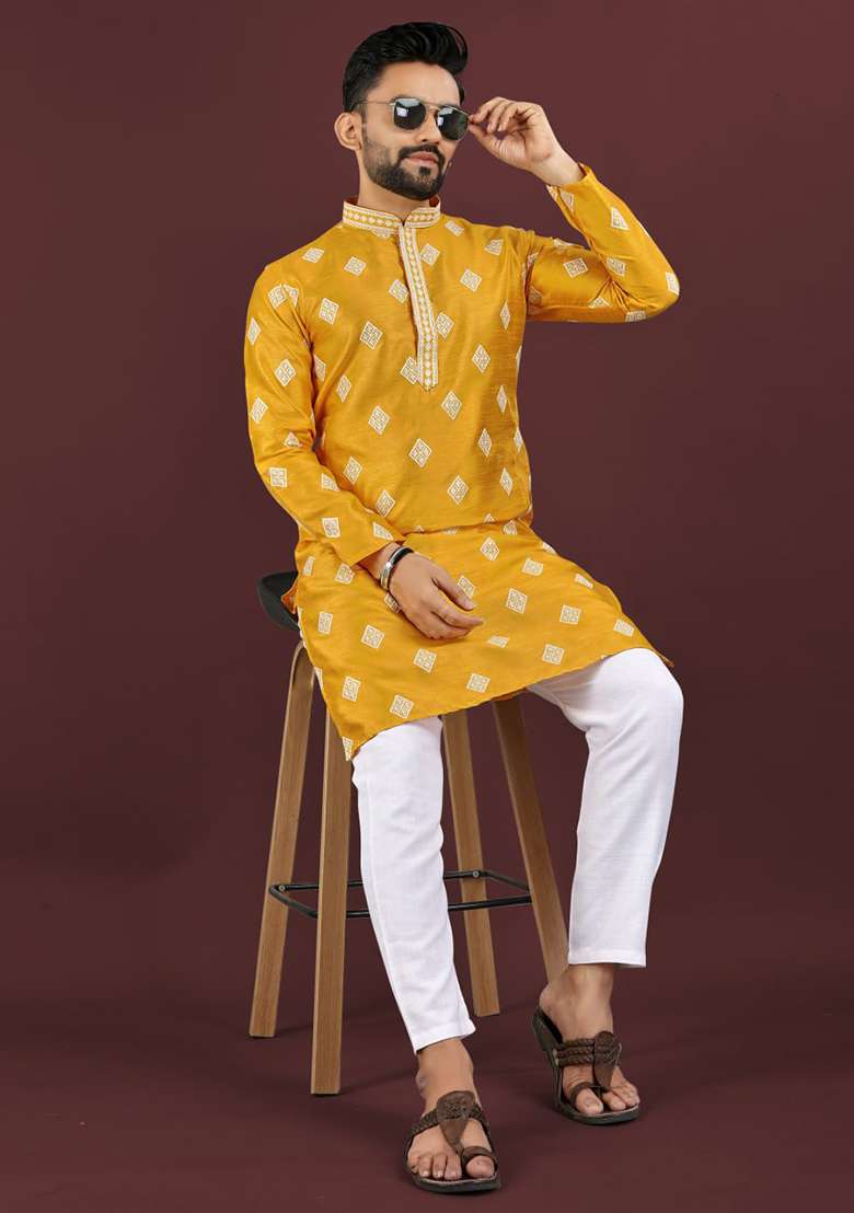 Yellow Embroidery Silk Kurta Set For Men - Indya