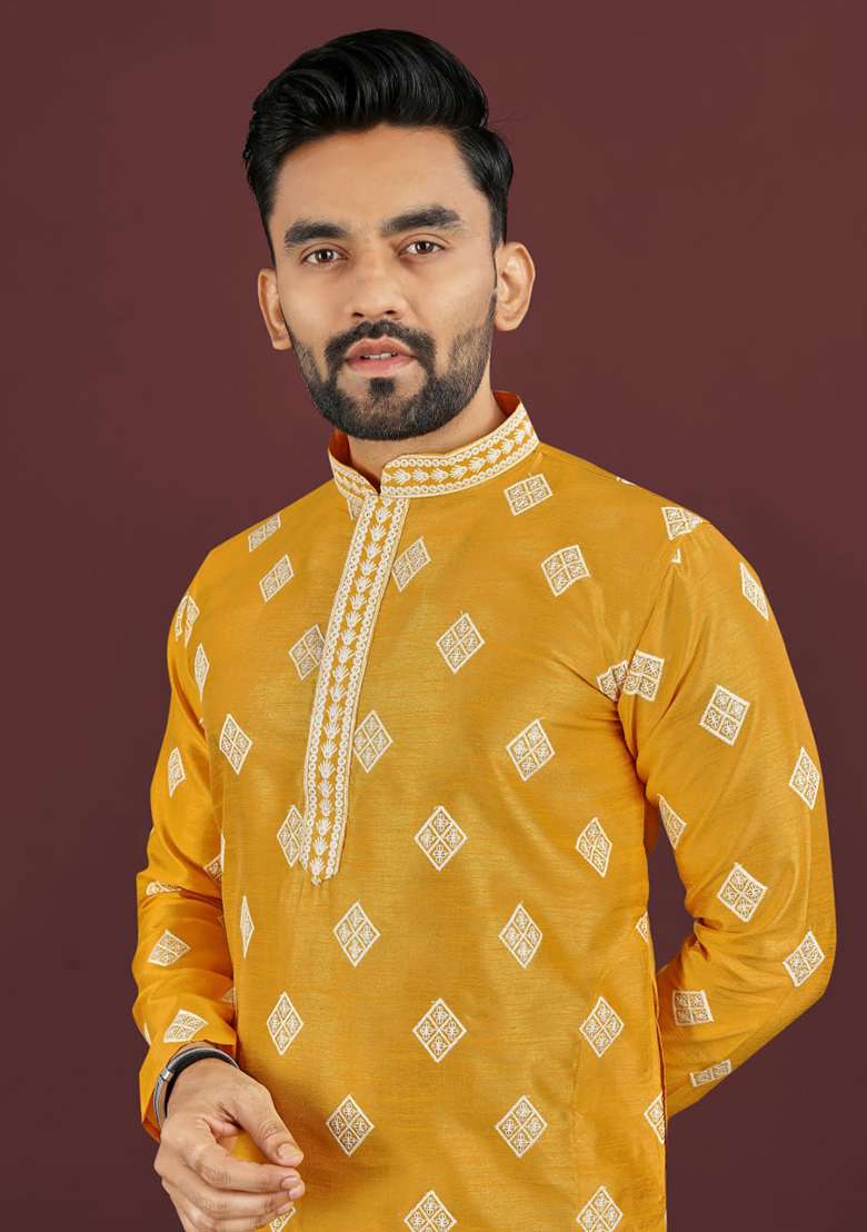 Yellow Embroidery Silk Kurta Set For Men - Indya