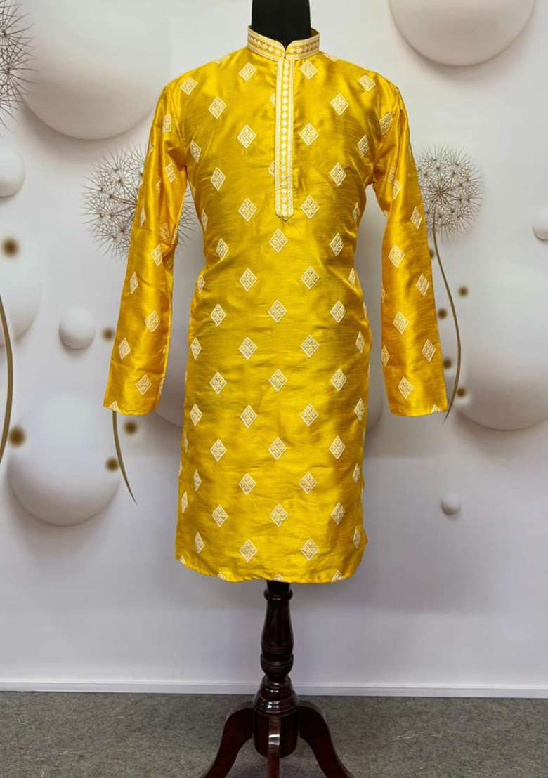 Yellow Embroidery Silk Kurta Set For Men - Indya
