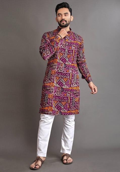 Plum Printed Cotton Kurta Set For Men