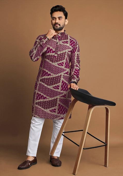 Plum Printed Cotton Kurta Set For Men