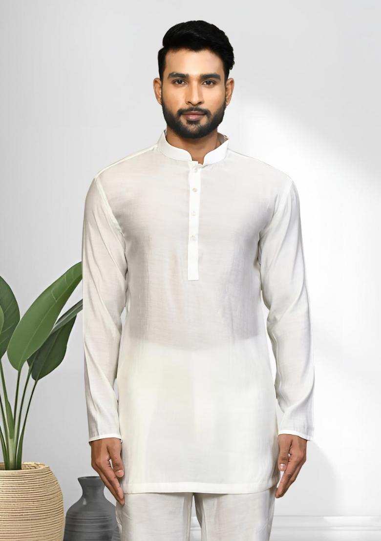 Off White Solid Silk Kurta Set For Men - Indya