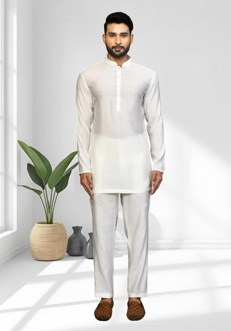 Off White Solid Silk Blend Kurta Set For Men