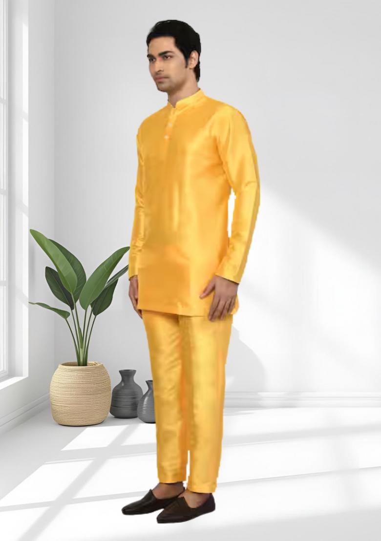 Yellow Solid Silk Kurta Set For Men - Indya