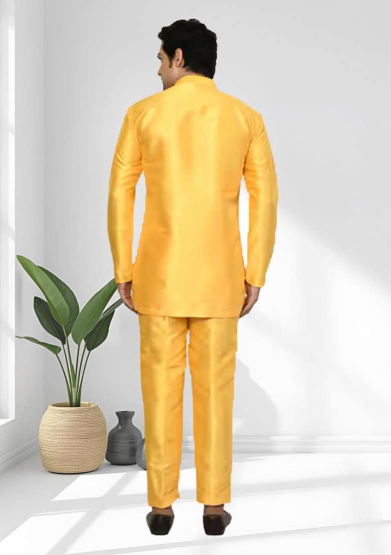 Yellow Solid Silk Blend Kurta Set For Men - Indya