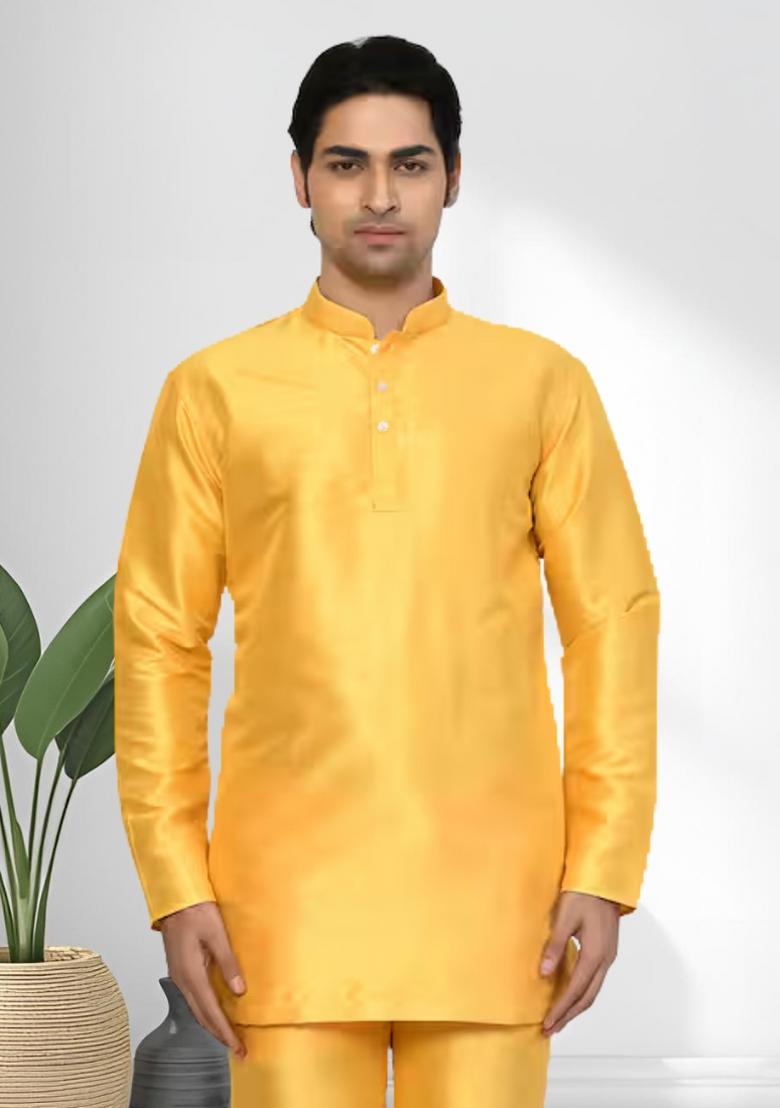 Yellow Solid Silk Kurta Set For Men - Indya