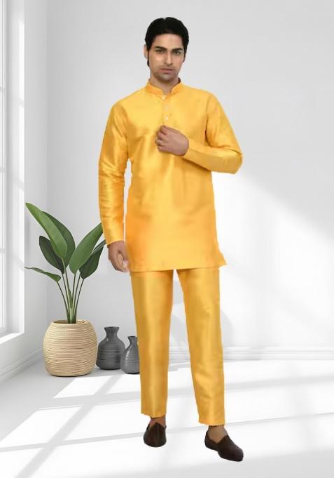 Yellow Solid Silk Blend Kurta Set For Men