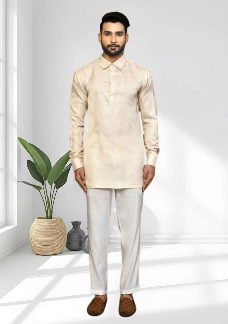 Beige Solid Silk Blend Kurta Set For Men - Indya