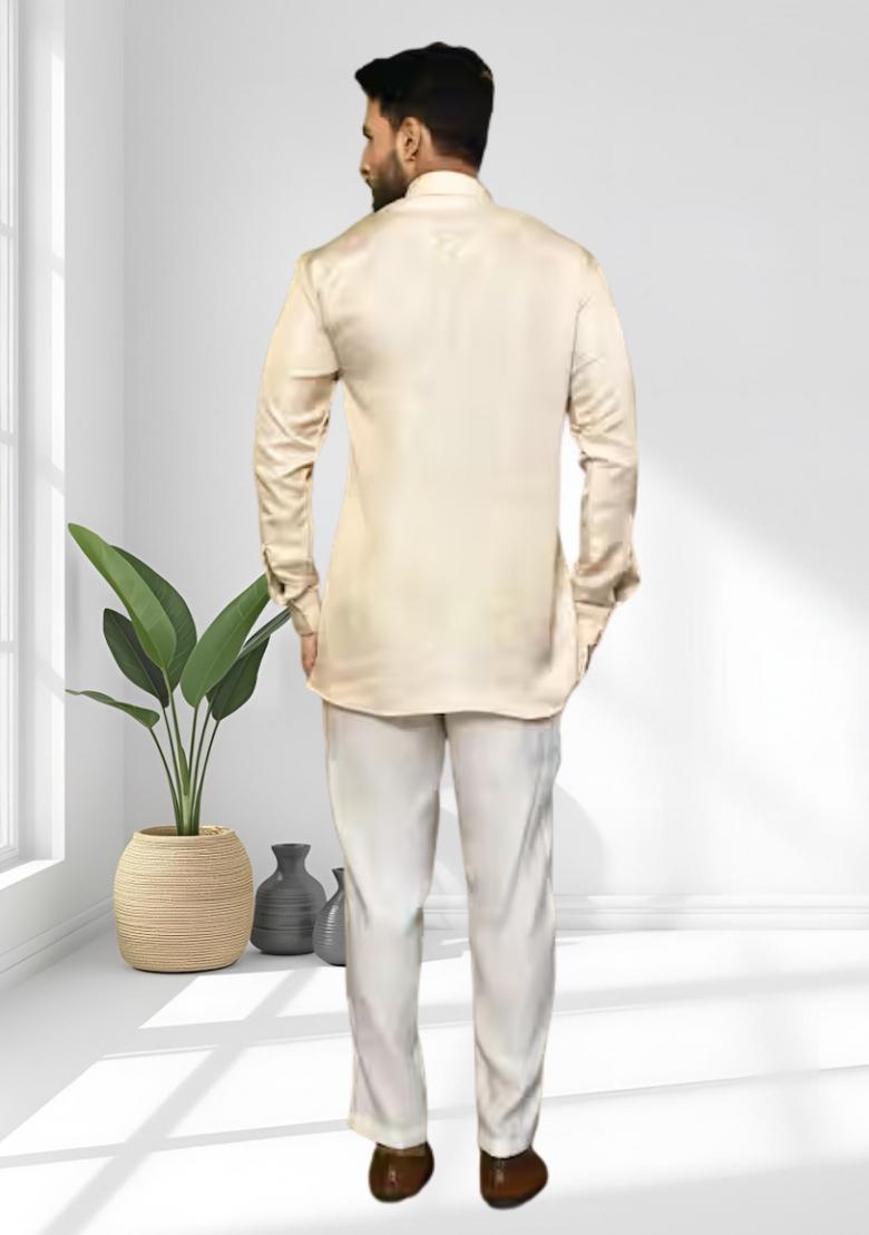 Beige Solid Silk Kurta Set For Men - Indya