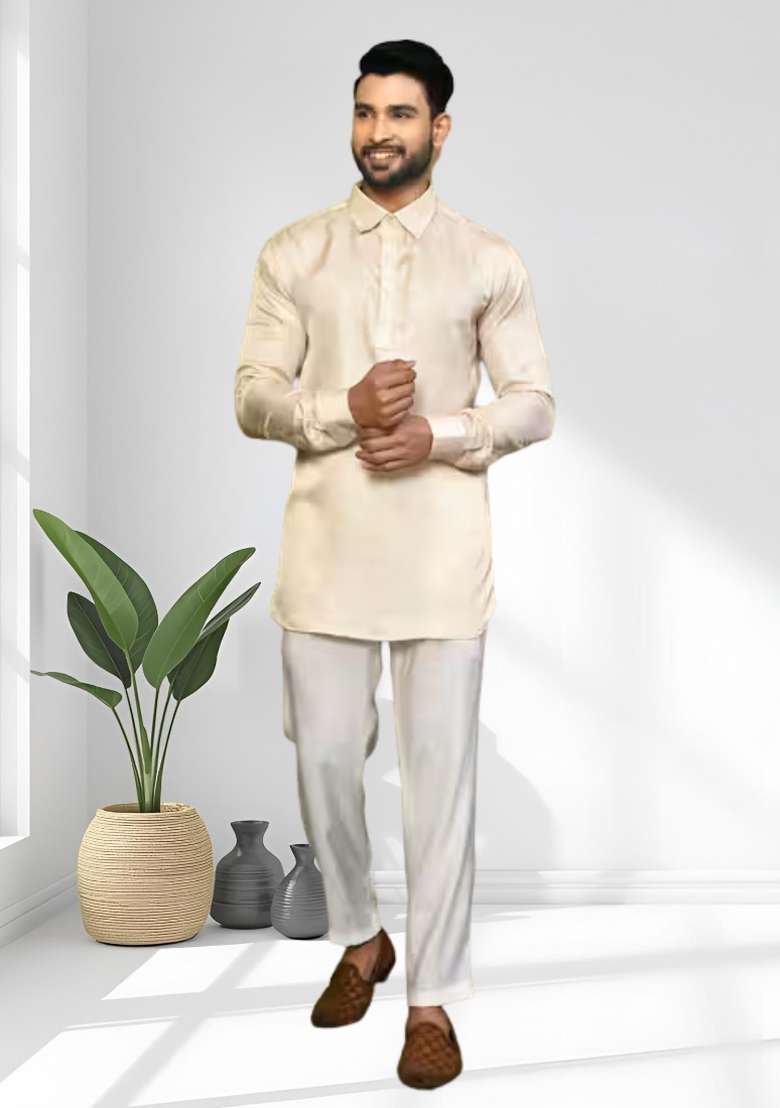 Beige Solid Silk Blend Kurta Set For Men - Indya