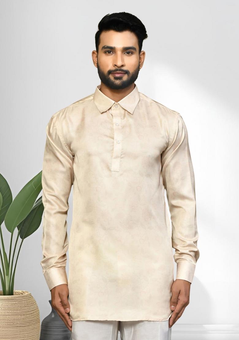 Beige Solid Silk Kurta Set For Men - Indya
