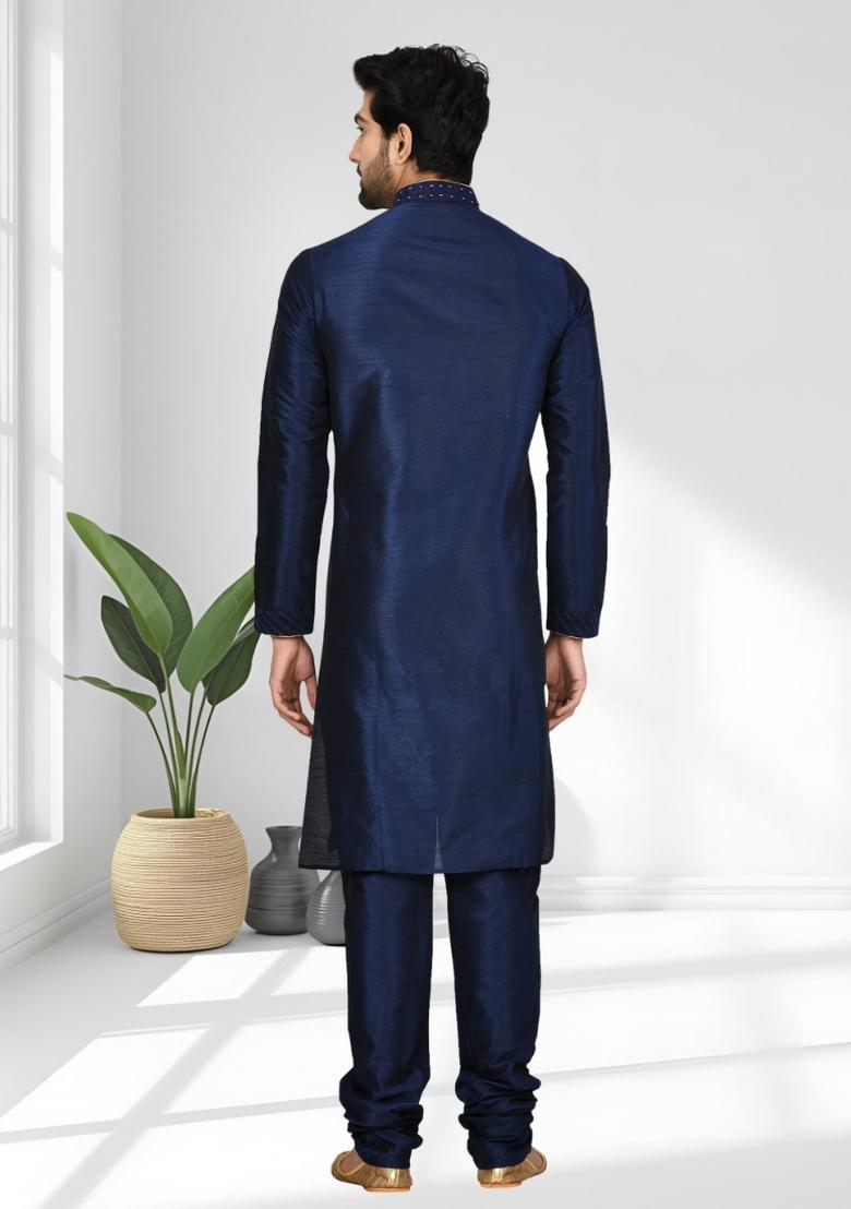 Navy Blue Solid Silk Kurta Set For Men - Indya