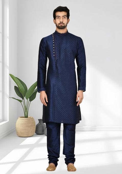 Navy Blue Solid Silk Blend Kurta Set For Men