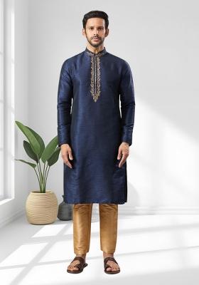 Navy Blue Solid Silk Kurta Set For Men