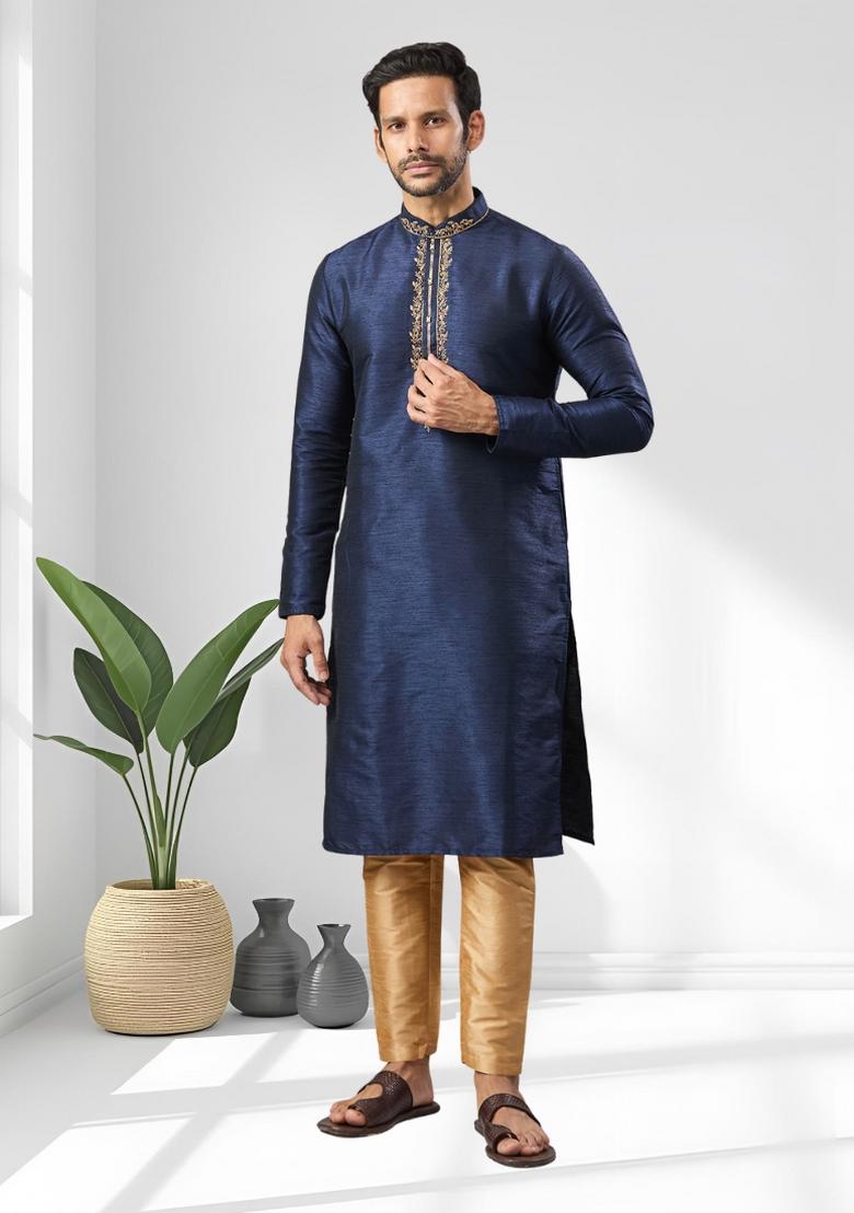 Navy Blue Solid Silk Kurta Set For Men - Indya