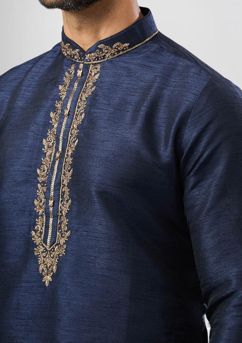 Navy Blue Solid Silk Kurta Set For Men - Indya