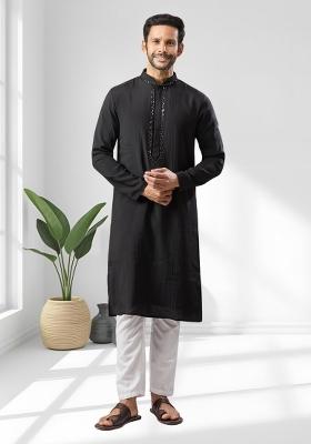 Black Solid Silk Kurta Set For Men