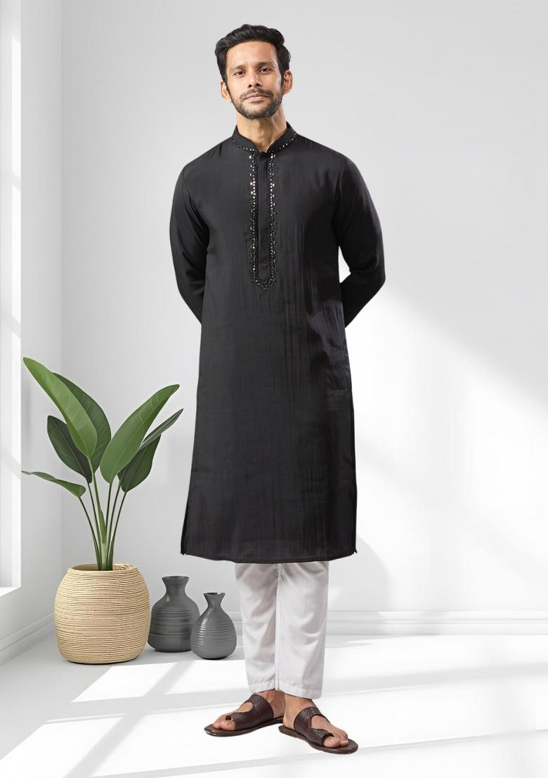 Black Solid Silk Kurta Set For Men - Indya
