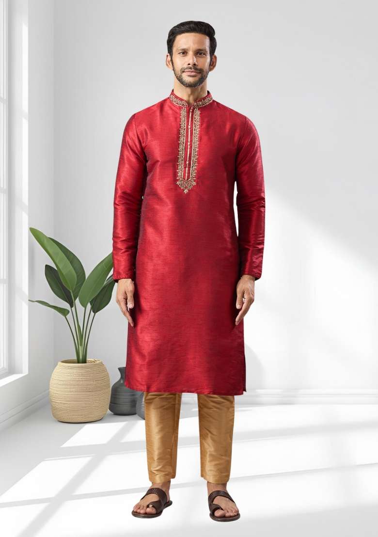 Maroon Solid Silk Blend Kurta Set For Men - Indya