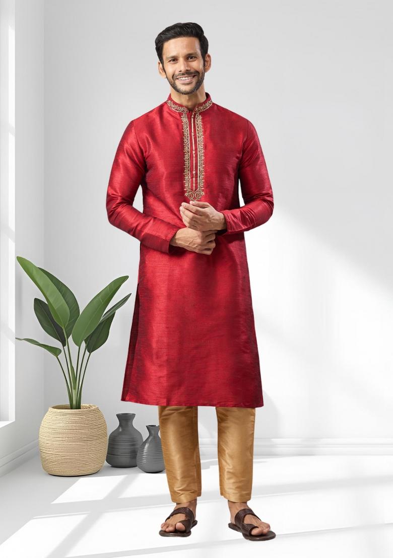Maroon Solid Silk Kurta Set For Men - Indya