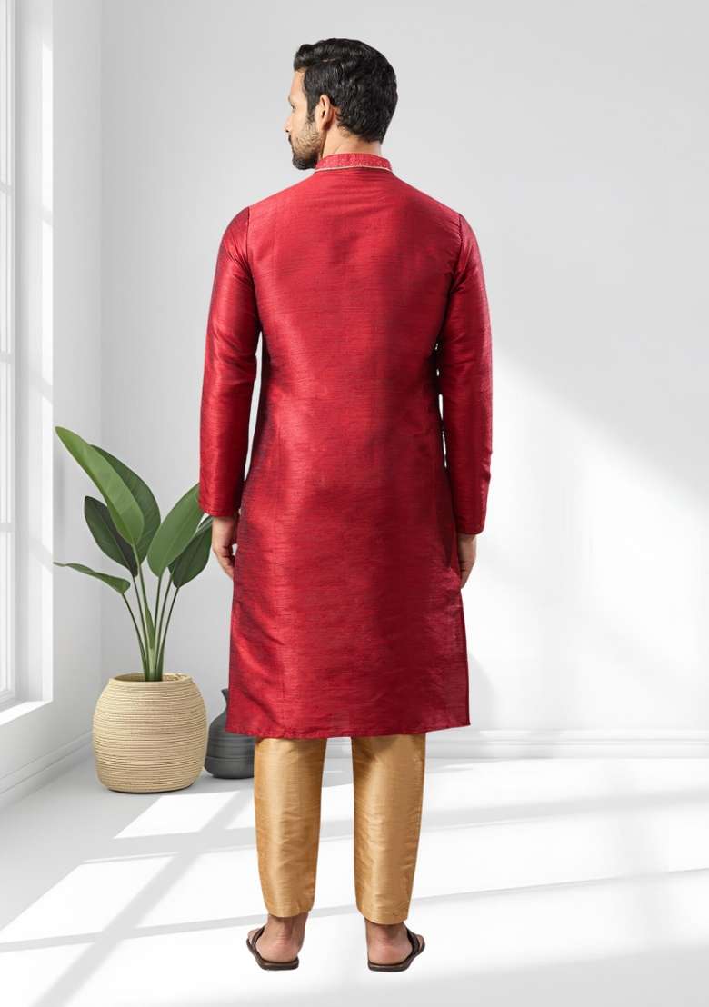 Maroon Solid Silk Blend Kurta Set For Men - Indya
