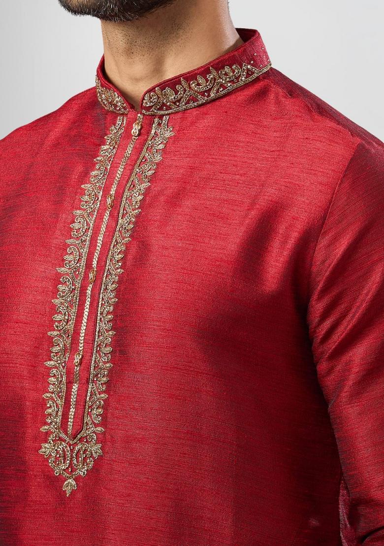 Maroon Solid Silk Kurta Set For Men - Indya