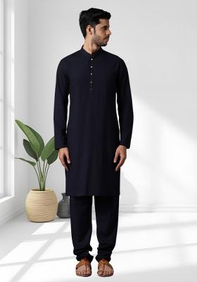 Navy Blue Solid Cotton Kurta Set For Men