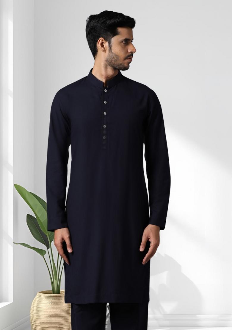 Navy Blue Solid Cotton Kurta Set For Men - Indya