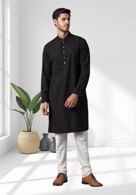 Black Solid Cotton Kurta Set For Men