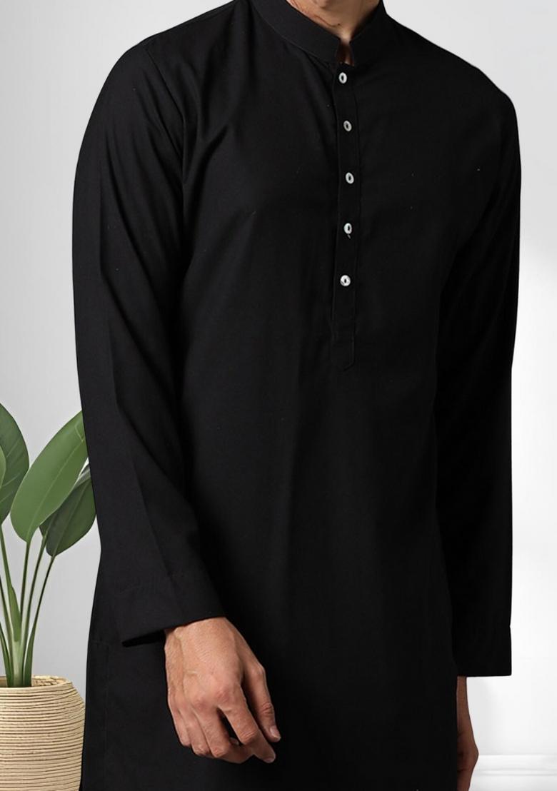 Black Solid Cotton Kurta Set For Men - Indya