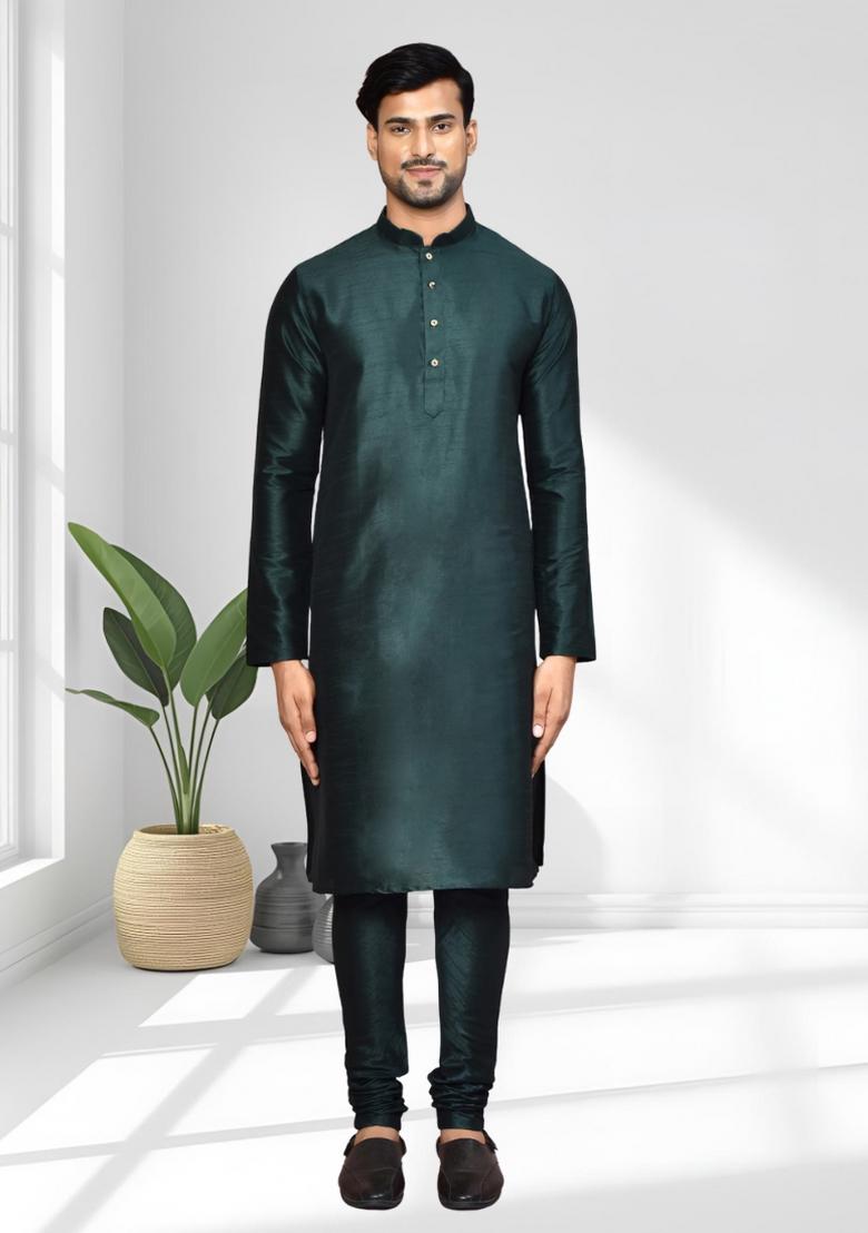 Green Solid Silk Kurta Set For Men - Indya