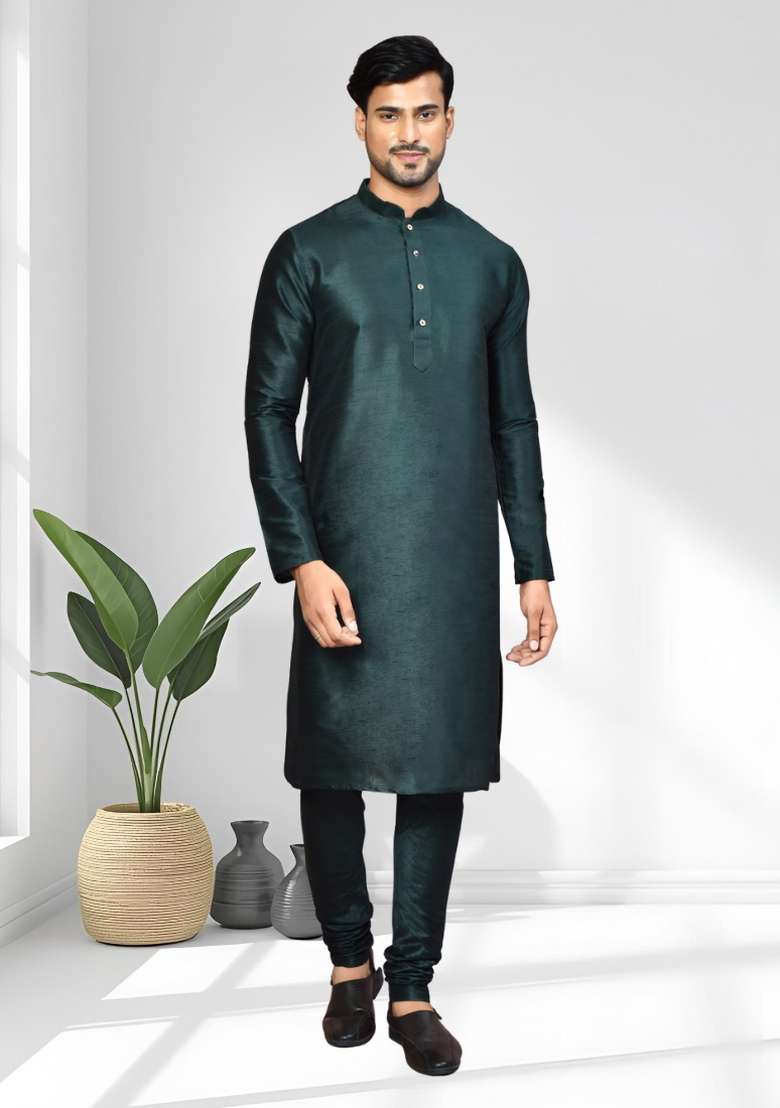 Green Solid Silk Blend Kurta Set For Men - Indya