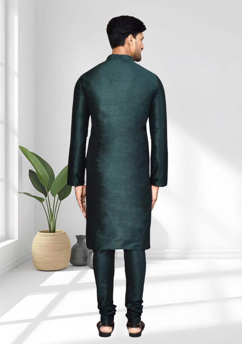 Green Solid Silk Kurta Set For Men - Indya