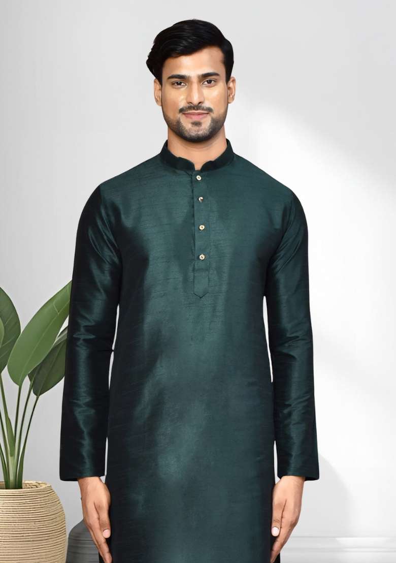 Green Solid Silk Blend Kurta Set For Men - Indya