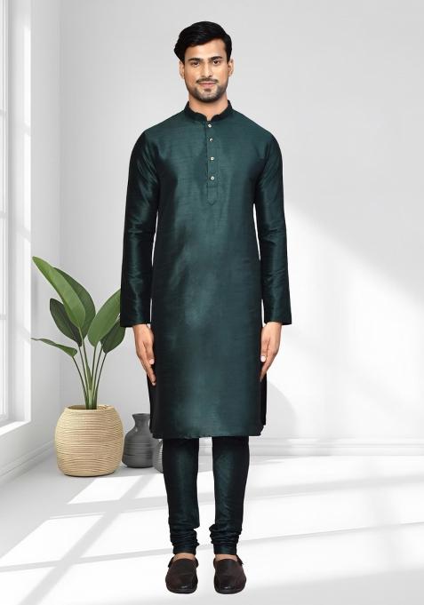 Green Solid Silk Blend Kurta Set For Men