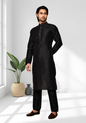 Black Solid Silk Kurta Set For Men