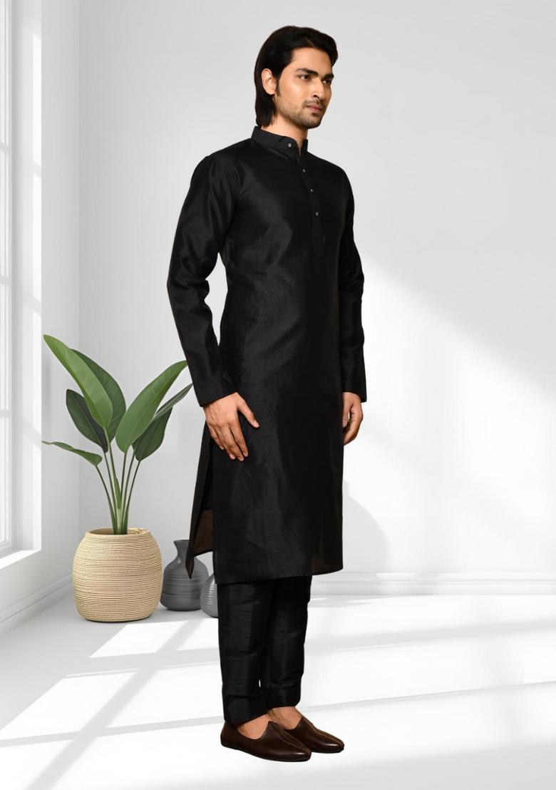 Black Solid Silk Kurta Set For Men - Indya