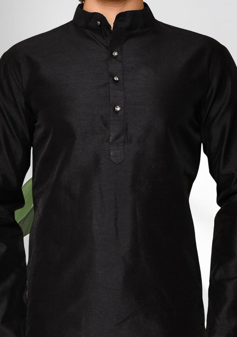 Black Solid Silk Kurta Set For Men - Indya