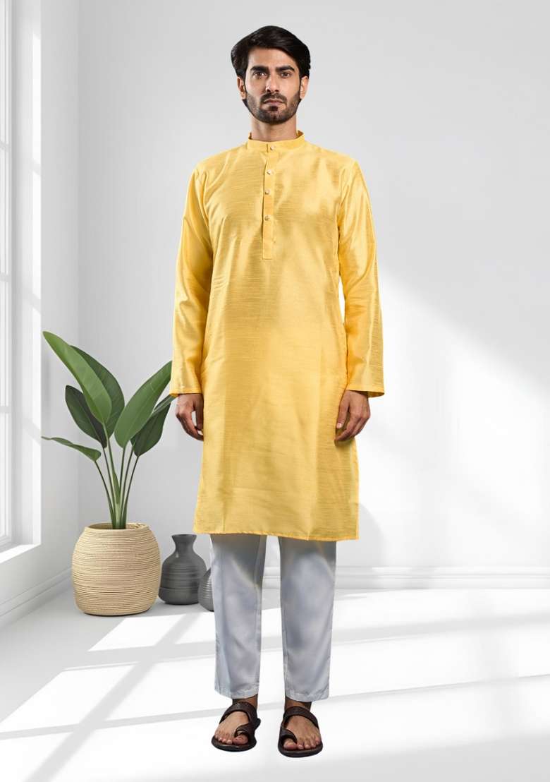 Yellow Solid Silk Blend Kurta Set For Men - Indya