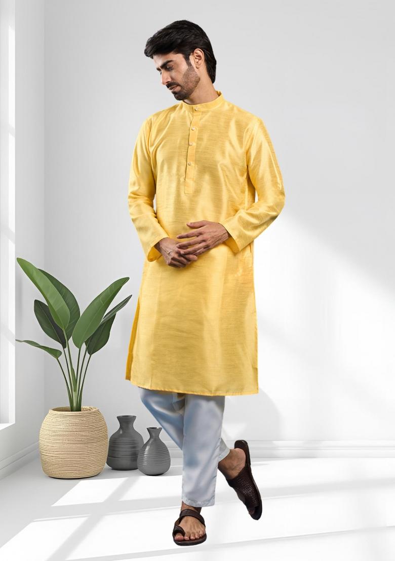 Yellow Solid Silk Kurta Set For Men - Indya