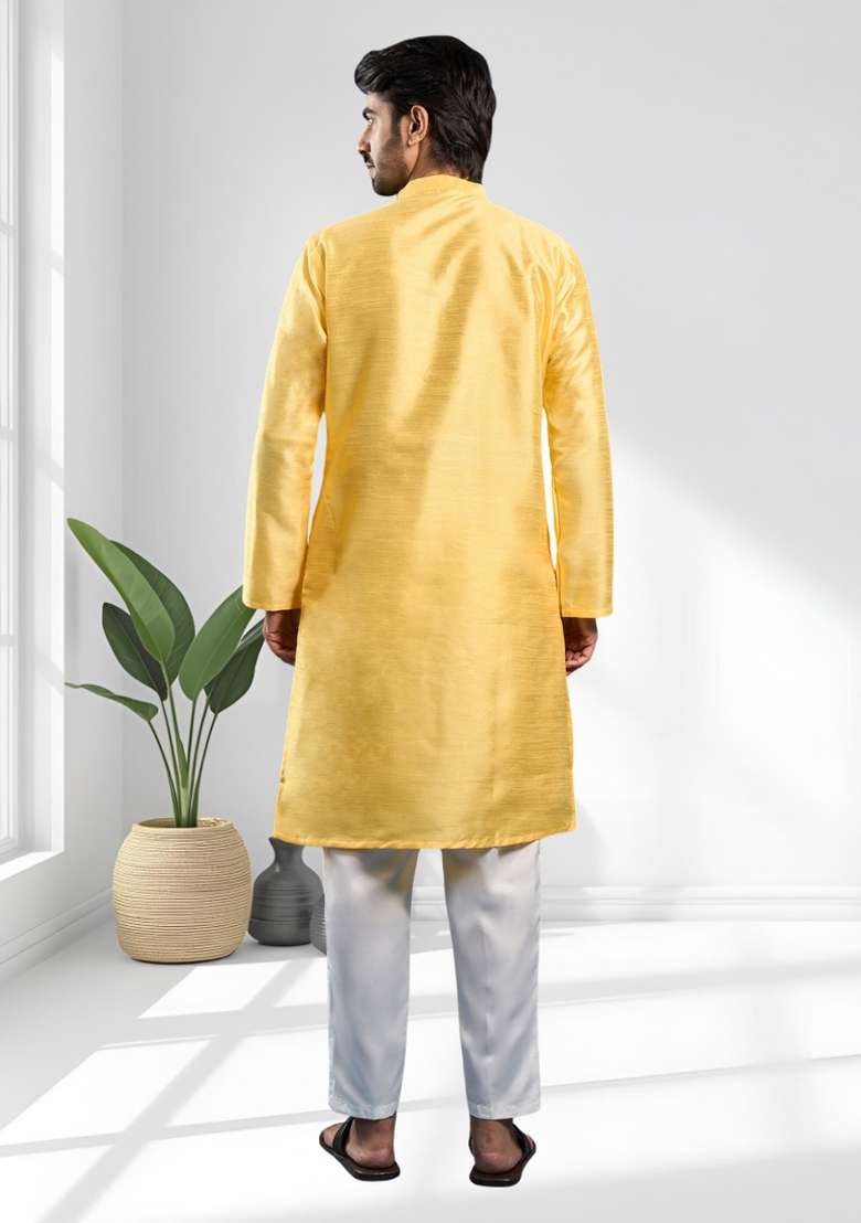 Yellow Solid Silk Blend Kurta Set For Men - Indya