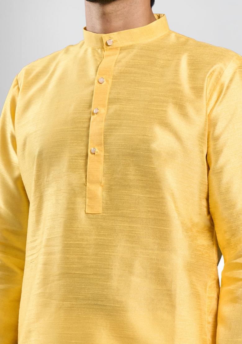 Yellow Solid Silk Kurta Set For Men - Indya
