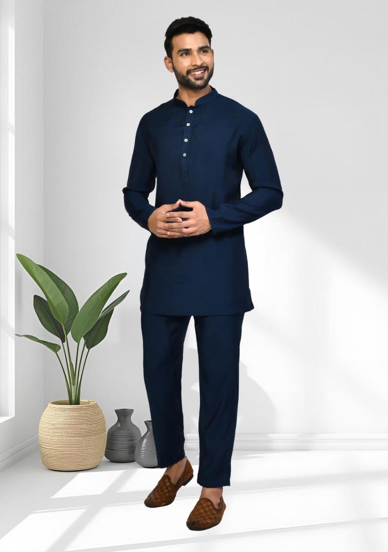 Navy Blue Solid Silk Kurta Set For Men - Indya