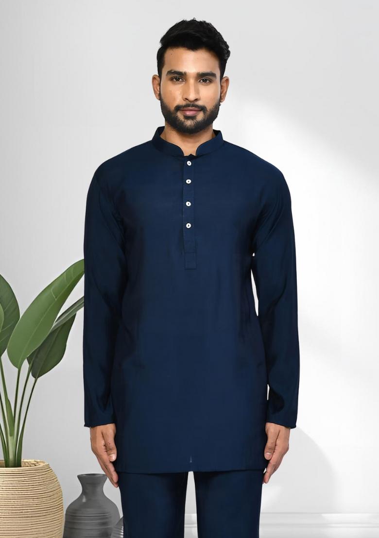Navy Blue Solid Silk Kurta Set For Men - Indya